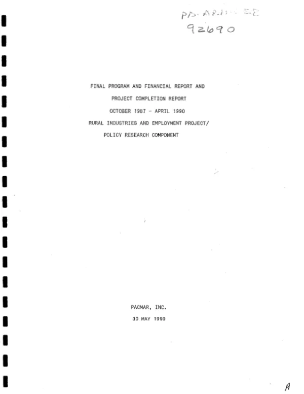 Final program and financial report and project completion report : October 1987-April 1990 -- rural industries and employment project/policy research component