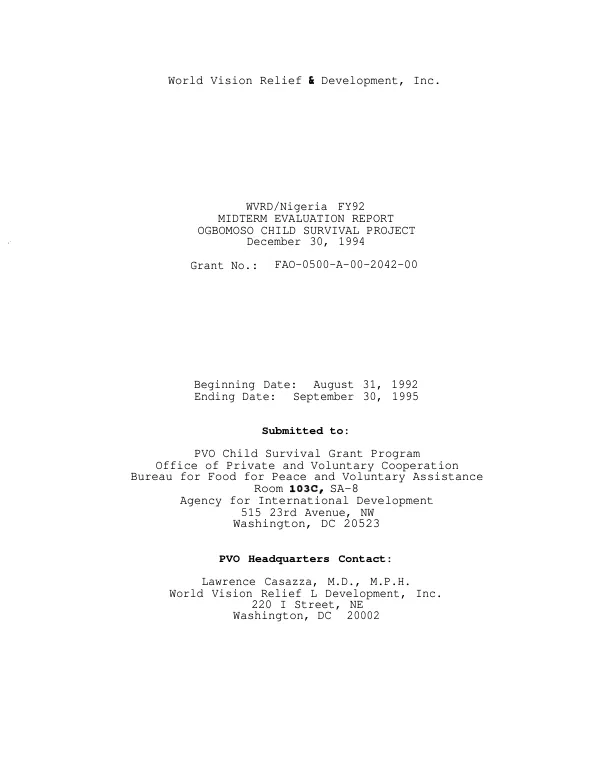 WVRD/Nigeria FY 92 : midterm evaluation report -- Ogbomoso child survival project