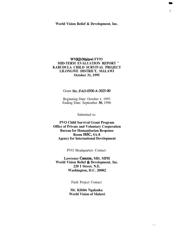 WVRD/Malawi FY 93 : mid-term evaluation report -- Kabudula child survival project, Lilongwe District, Malawi