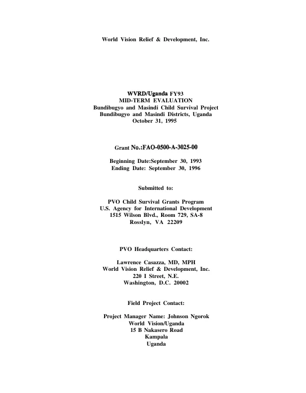 WVRD/Uganda FY 93 : mid-term evaluation -- Bundibugyo and Masindi child survival project, Bundibugyo and Masindi Districts, Uganda