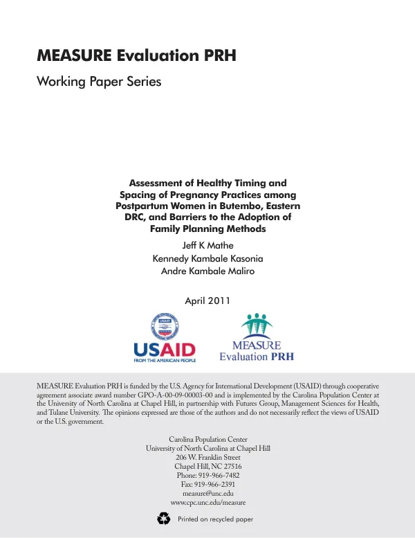 Assessment of Healthy Timing and Spacing of Pregnancy Practices among Postpartum Women in Butembo, Eastern DRC, and Barriers to the Adoption of Family Planning Methods