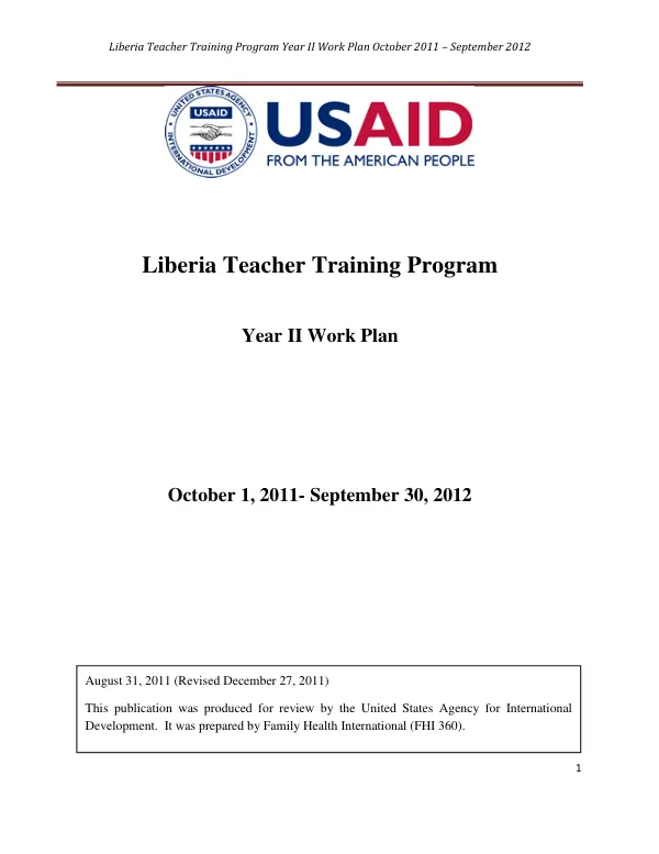 Liberia Teacher Training Program Year II Work Plan_October 1, 2011- September 30, 2012