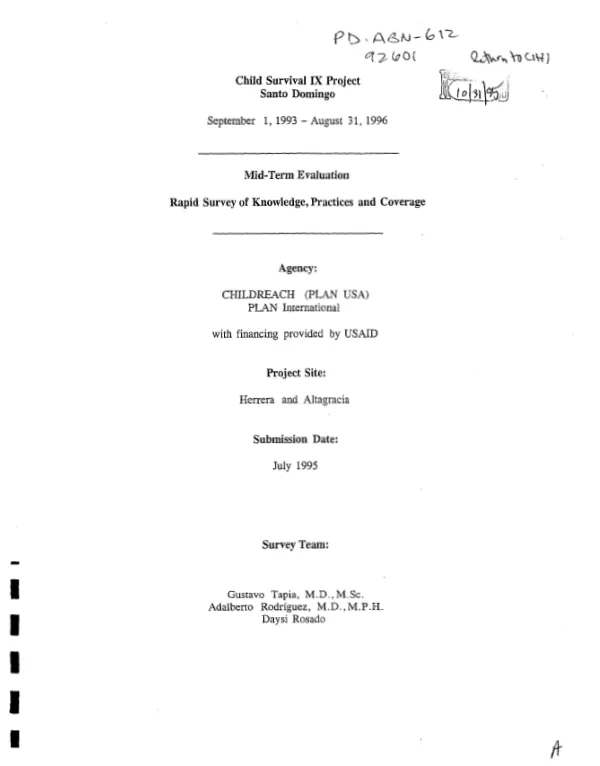 Child survival IX project Santo Domingo : mid-term evaluation -- rapid survey of knowledge, practices and coverage