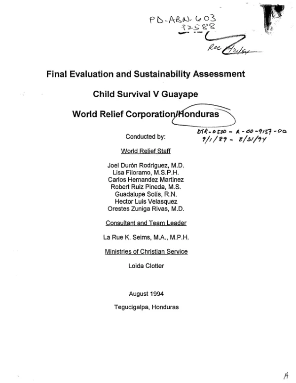 Final evaluation and sustainability assessment : child survival V Guayape -- World Relief Corporation/Honduras