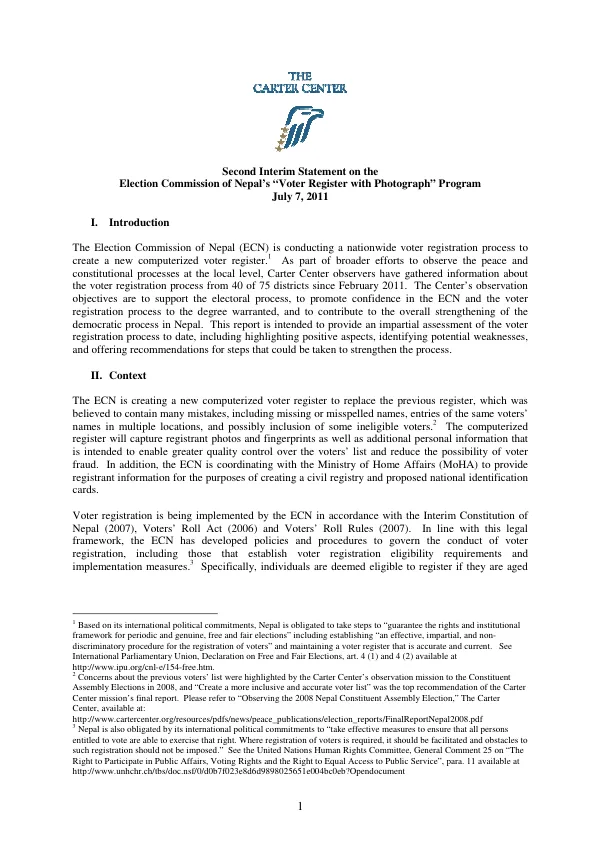 Second Interim Statement on the Election Commission of Nepal"s "Voter Register with Photograph" Program-July 7, 2011