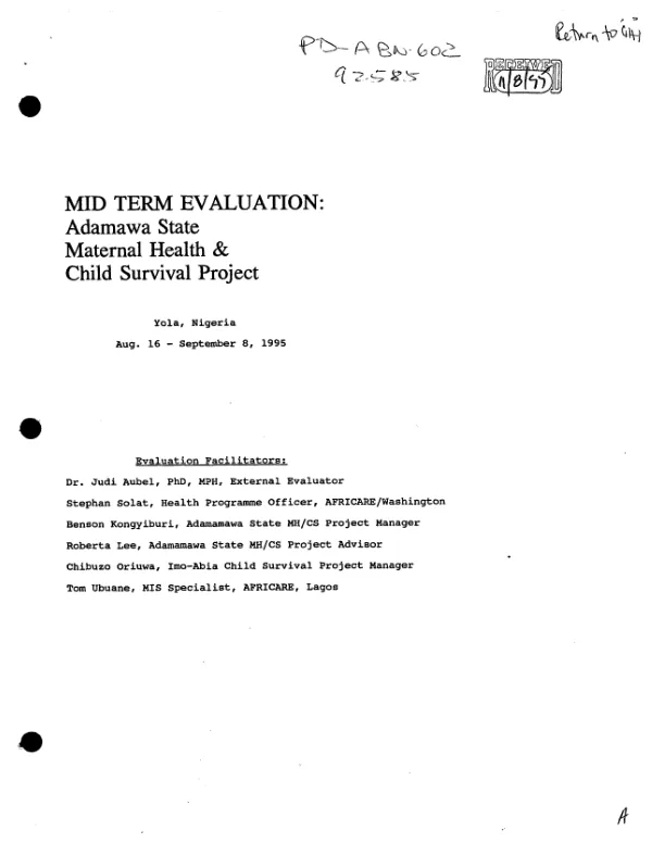 Mid-term evaluation : Adamawa State maternal health and child survival project