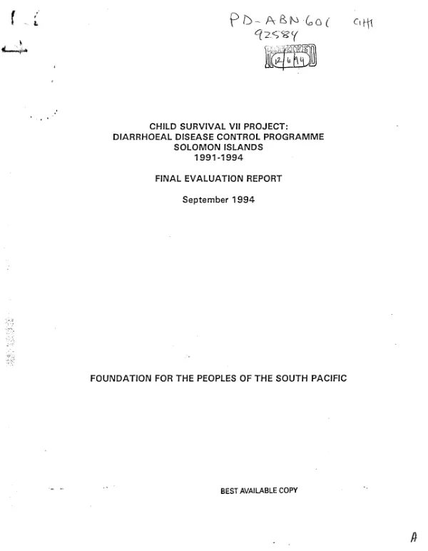 Child survival VII project : diarrhoeal disease control programme, Solomon Islands, 1991-1994 -- final evaluation report