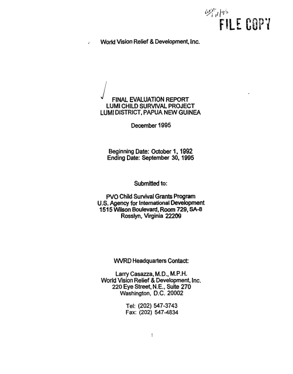Final evaluation report : Lumi child survival project, Lumi District, Papua New Guinea