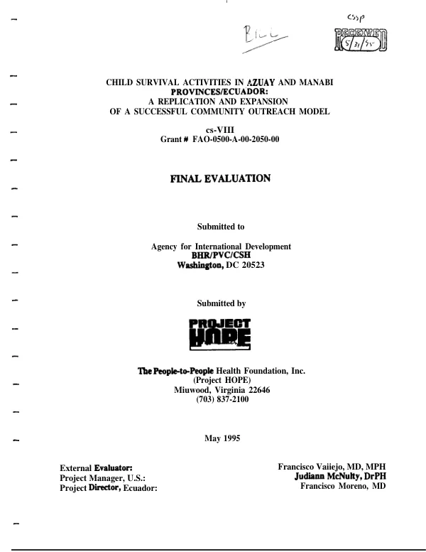 Child survival activities in Azuay and Manabi Provinces/Ecuador : a replication and expansion of a successful community outreach model -- final evaluation