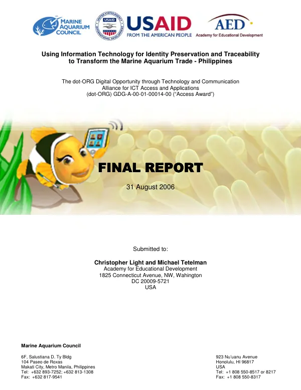 Using information technology for identity preservation and traceability to transform the marine aquarium trade : Philippines -- final report