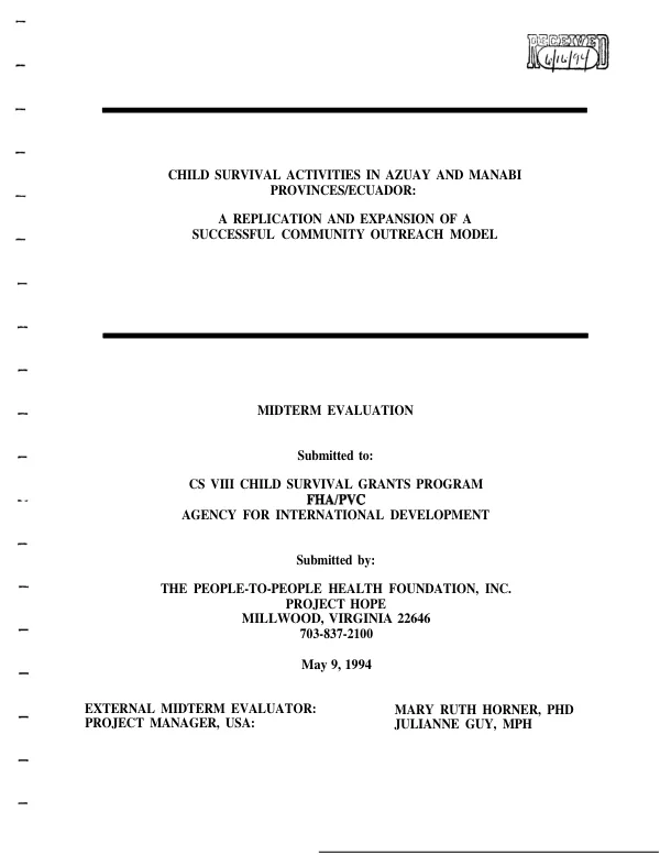 Child survival activities in Azuay and Manabi Provinces/Ecuador : a replication and expansion of a successful community outreach model -- midterm evaluation