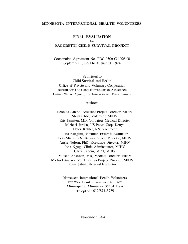 Minnesota International Health Volunteers : final evaluation -- child survival project/Dagoretti, Kenya : September 1, 1991 to August 31, 1994
