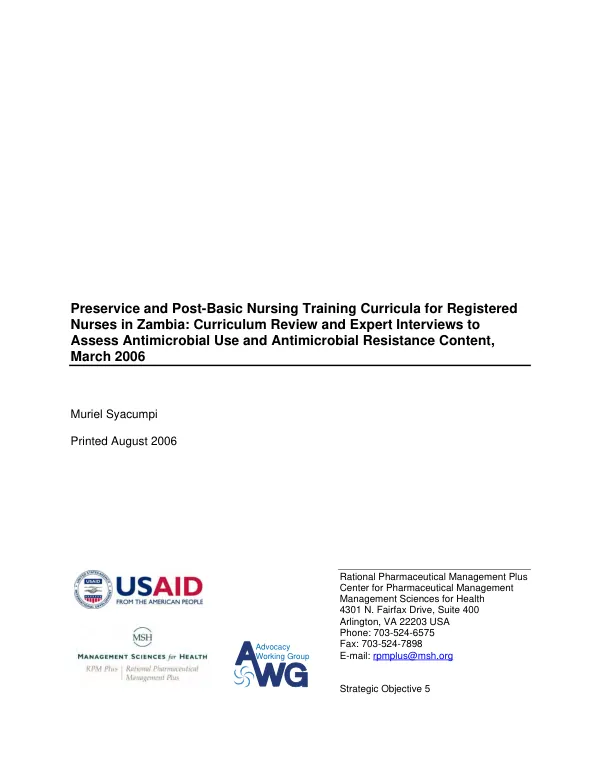 Preservice and post-basic nursing training curricula for registered nurses in Zambia : curriculum review and expert interviews to assess antimicrobial use and antimicrobial resistance content, March 2006