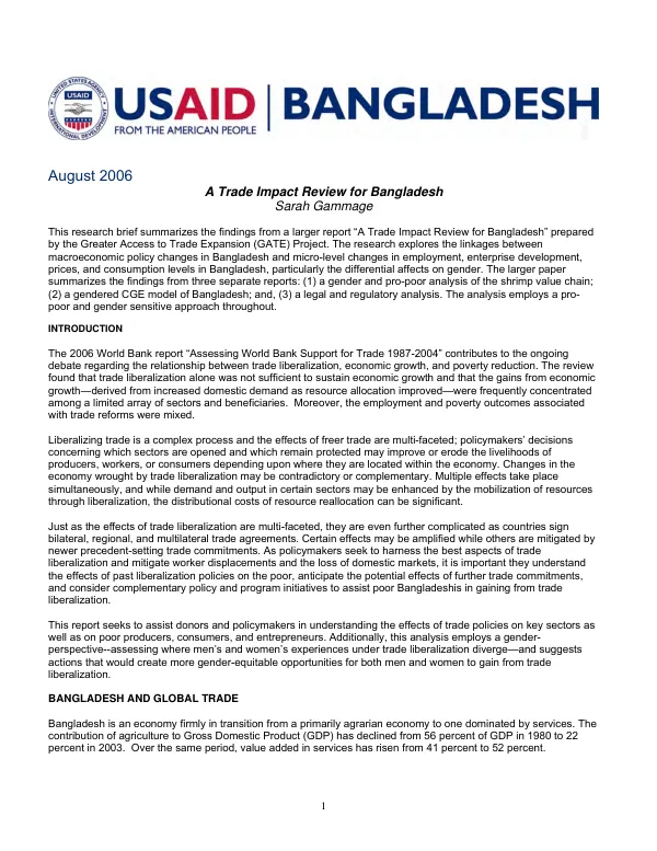 A trade impact review for Bangladesh[ : summary]