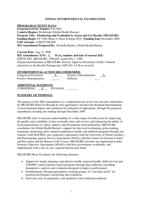 Initial environmental examination : monitoring and evaluation to assess and use results (MEASURE)