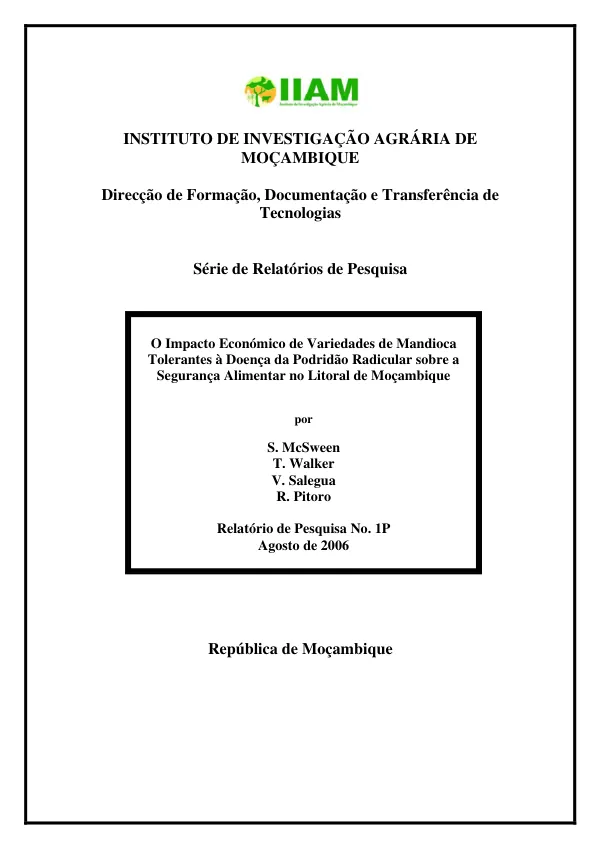 O impacto economico de variedades de mandioca tolerantes a doenca da podridao radicular sobre a seguranca alimentar no litoral de Mocambique