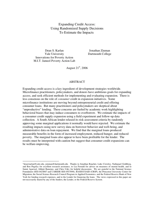 Expanding credit access : using randomized supply decisions to estimate the impacts