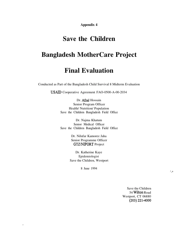 Save the Children -- Bangladesh MotherCare project : final evaluation