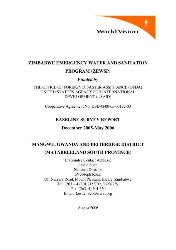 Zimbabwe emergency water and sanitation project (ZEWSP) : baseline survey report, December 2005-May 2006 -- Mangwe, Gwanda and Beitbridge District (Matabeleland South Province)