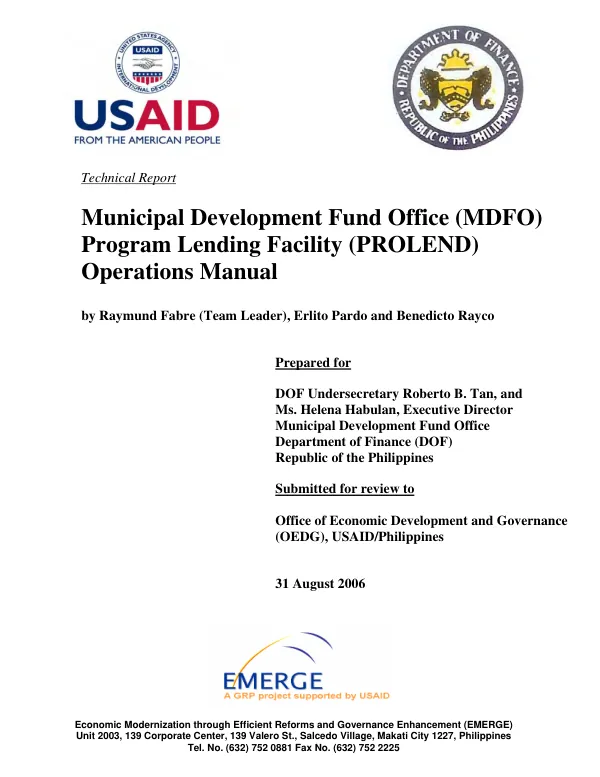 Municipal Development Fund Office (MDFO), Program Lending Facility (PROLEND) : operations manual