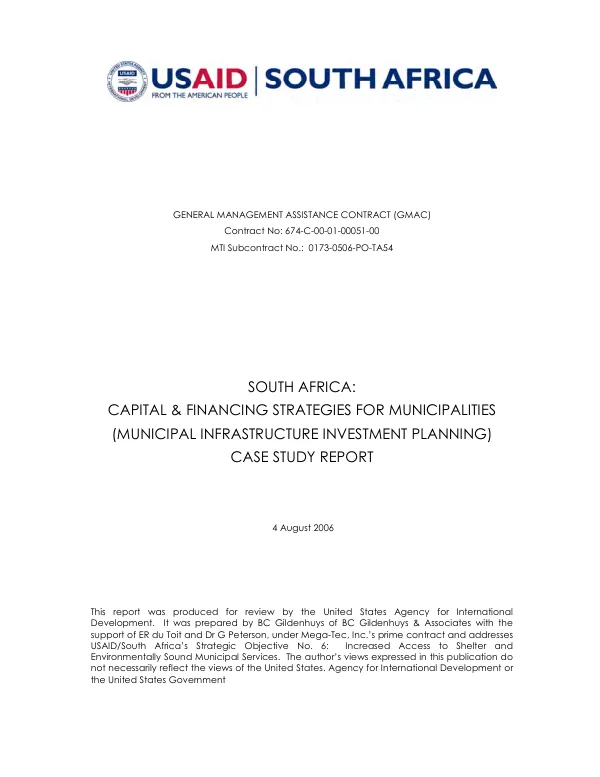 South Africa : capital & financing strategies for municipalities (municipal infrastructure investment planning) -- case study report