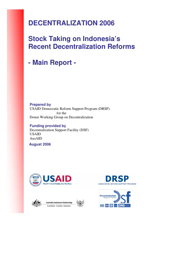 Decentralization 2006 : stock taking on Indonesia"s recent decentralization reforms : main report