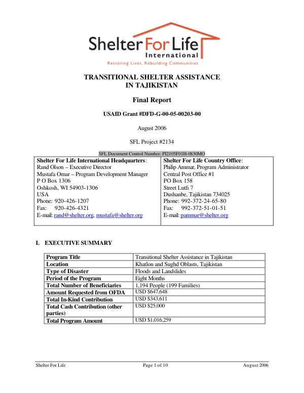 Transitional shelter assistance in Tajikistan : final report USAID grant #DFD-G-00-05-00203-00