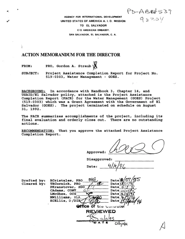 Project assistance completion report : project USAID no. 519-0303 -- water management-GOES [Gobierno de El Salvador]