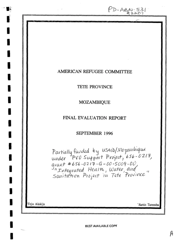 American Refugee Committee, Tete Province, Mozambique : final evaluation report