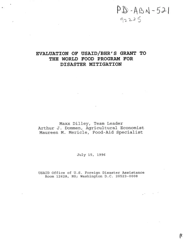 Evaluation of USAID/BHR's grant to the World Food Program for disaster mitigation