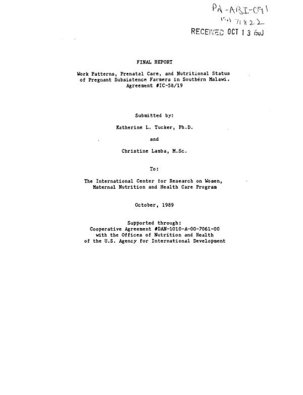 Final report : work patterns, prenatal care, and nutritional status of pregnant subsistence farmers in Southern Malawi