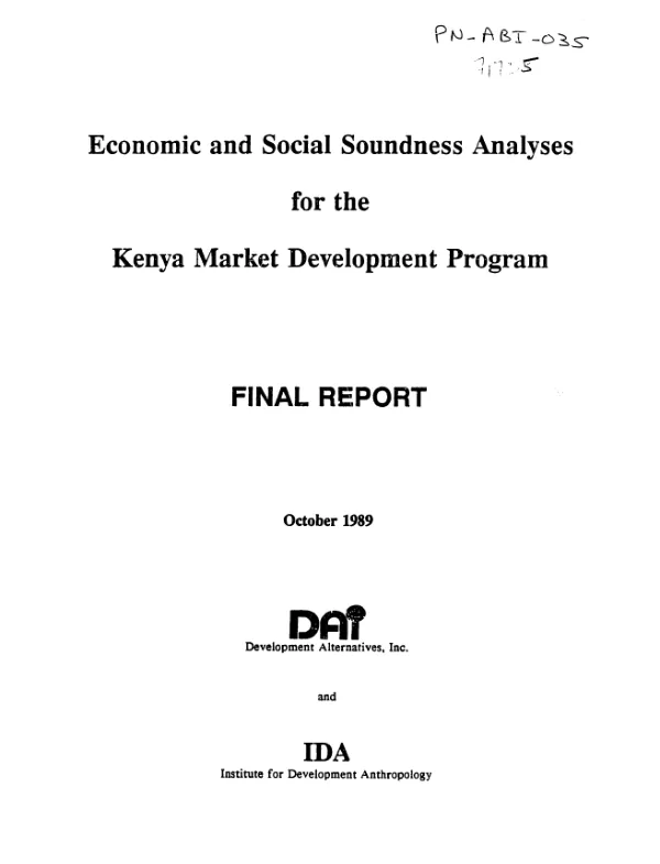 Economic and social soundness analyses for the Kenya market development program