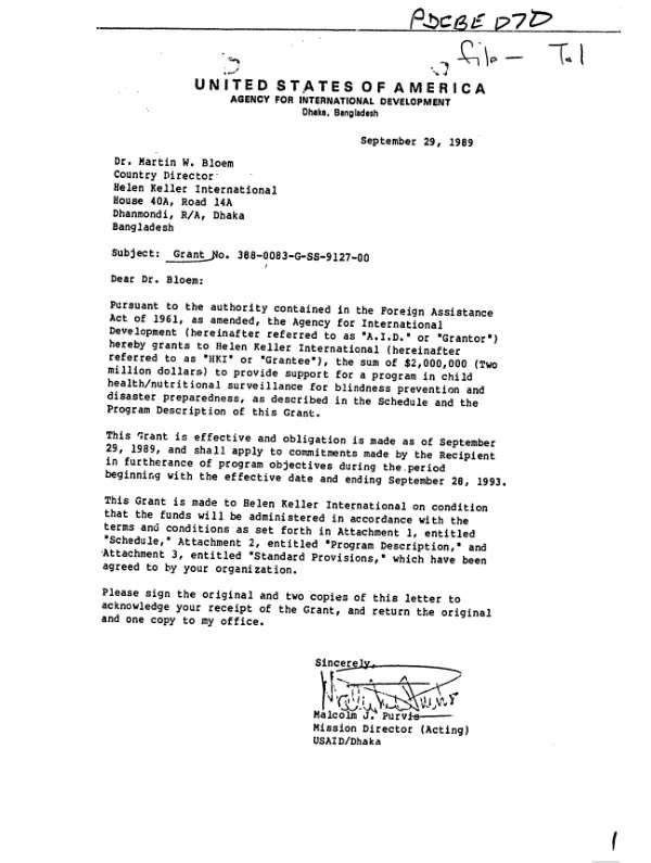 AID grant no. 388-0083-G-SS-9127-00 to Helen Keller International for a program in child health/nutritional surveillance for blindness prevention and disaster preparedness