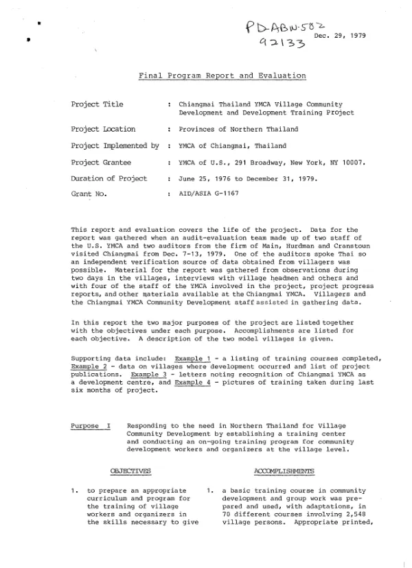 Final program report and evaluation : Chiangmai Thailand YMCA village community development and development training project