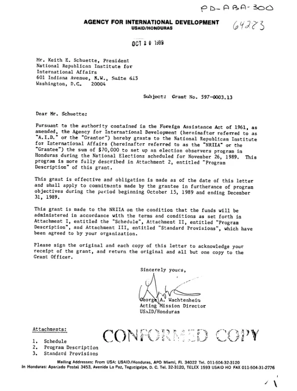 AID grant agreement no. 597-0003.13 to the National Republican Institute for International Affairs for an election observers program in Honduras