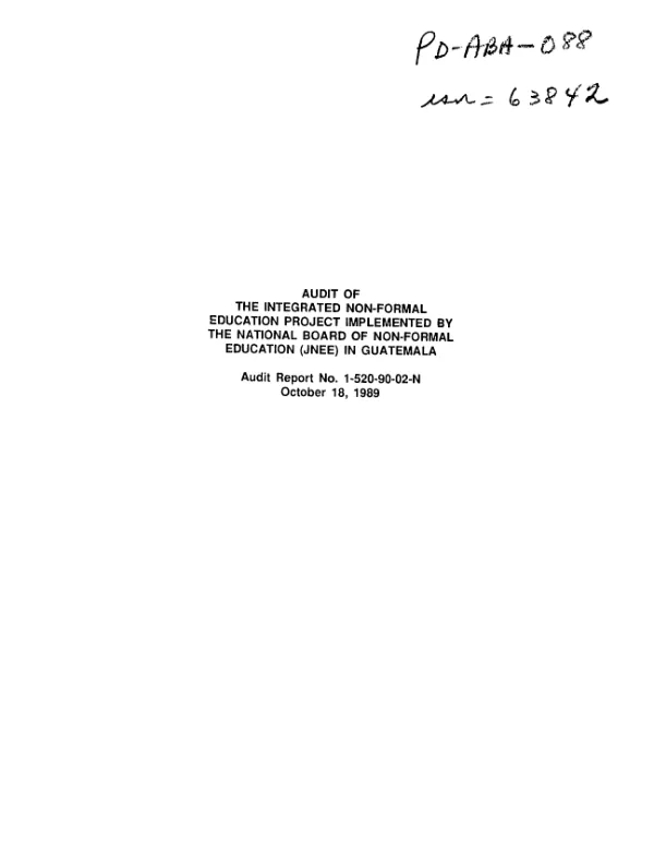 Audit of the integrated non-formal education project implemented by the National Board of Non-Formal Education (JNEE) in Guatemala