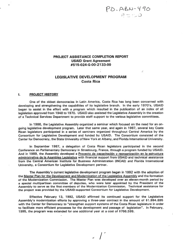 Project assistance completion report : USAID grant agreement no. 515-024-G-00-2133-00 [i.e. 515-0241-G-00-2133-00] -- legislative development program : Costa Rica