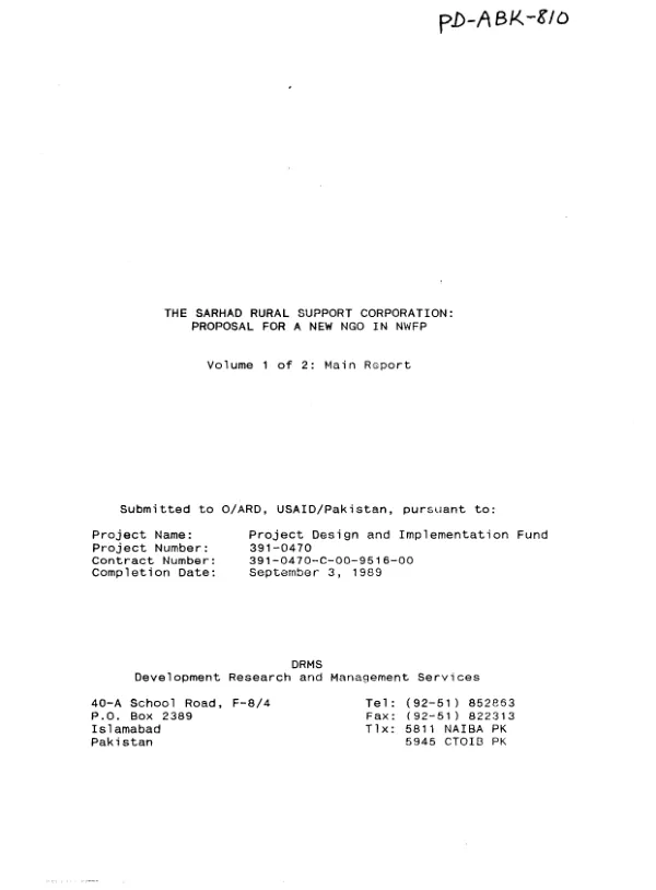 Sarhad Rural Support Corporation : proposal for a new NGO in NWFP [Northwest Frontier Province, Pakistan], volumes 1-2