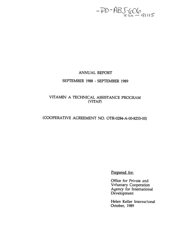 Vitamin A technical assistance program (VITAP) : annual report, September 1988-September 1989