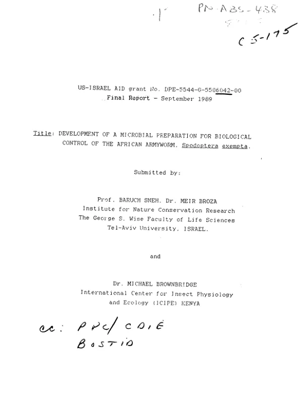 Final report : development of a microbial preparation for biological control of the African armyworm, Spodoptera exempta