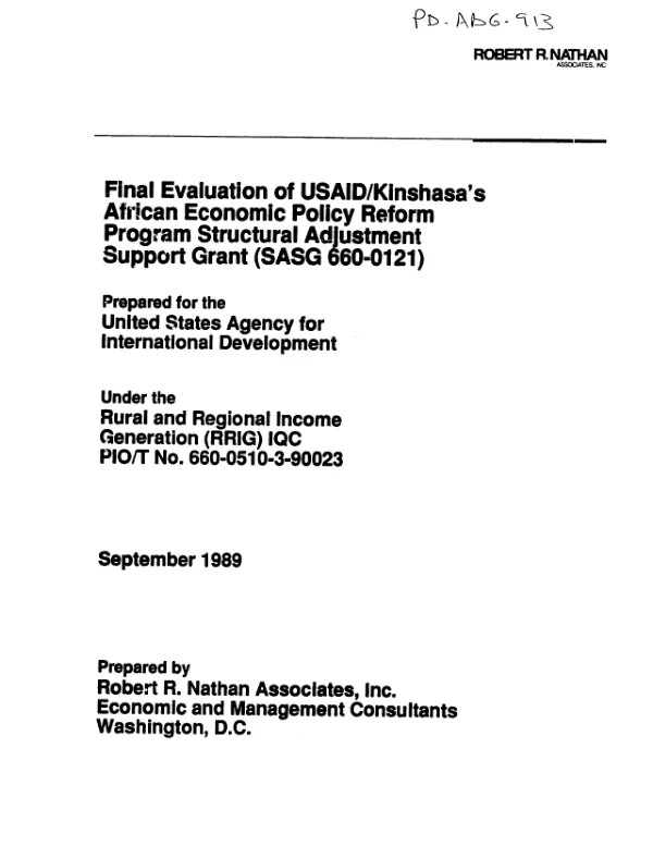 Final evaluation of USAID/Kinshasa"s African economic policy reform program structural adjustment support grant (SASG 660-0121)