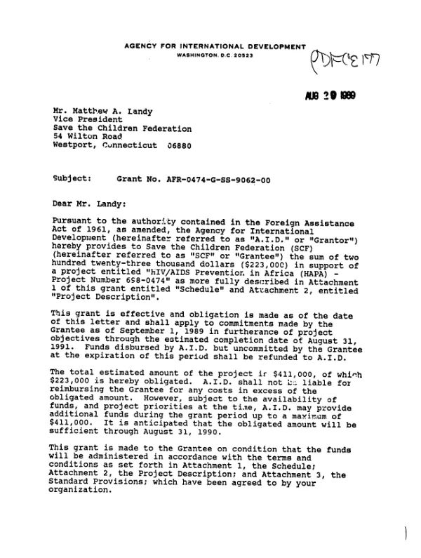 AID grant agreement no. AFR-0474-G-SS-9062-00 with Save the Children Federation in support of the HIV/AIDS Prevention in Africa (HAPA) program activities in Cameroon and Zimbabwe