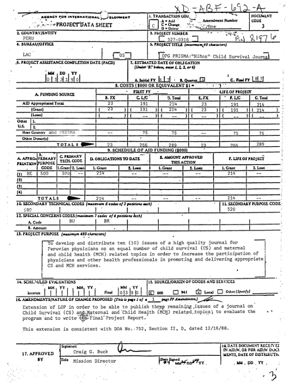 OPG PRISMA -- `ninos" child survival journal : amendment no. 1