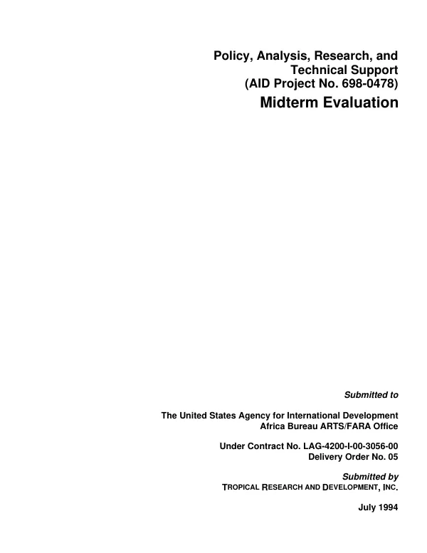 Policy, analysis, research, and technical support (USAID project no. 698-0478) : midterm evaluation