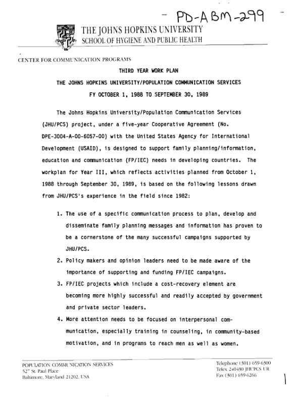 Third year work plan the Johns Hopkins University/Population Communication Services FY October 1, 1988 to September 30, 1989