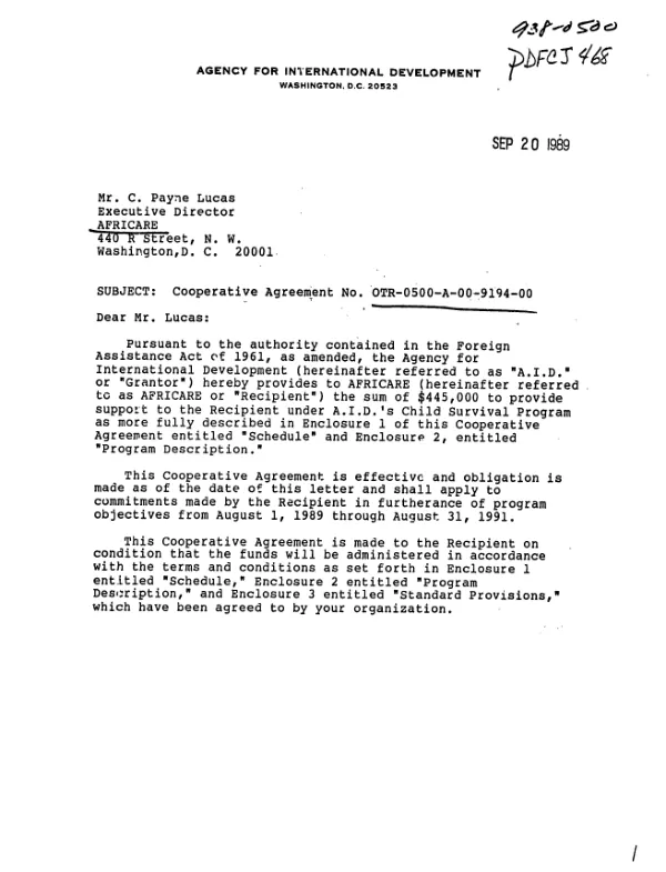 AID cooperative agreement no. OTR-0500-A-00-9194-00 with Africare in a child survival project in Imo State, Nigeria