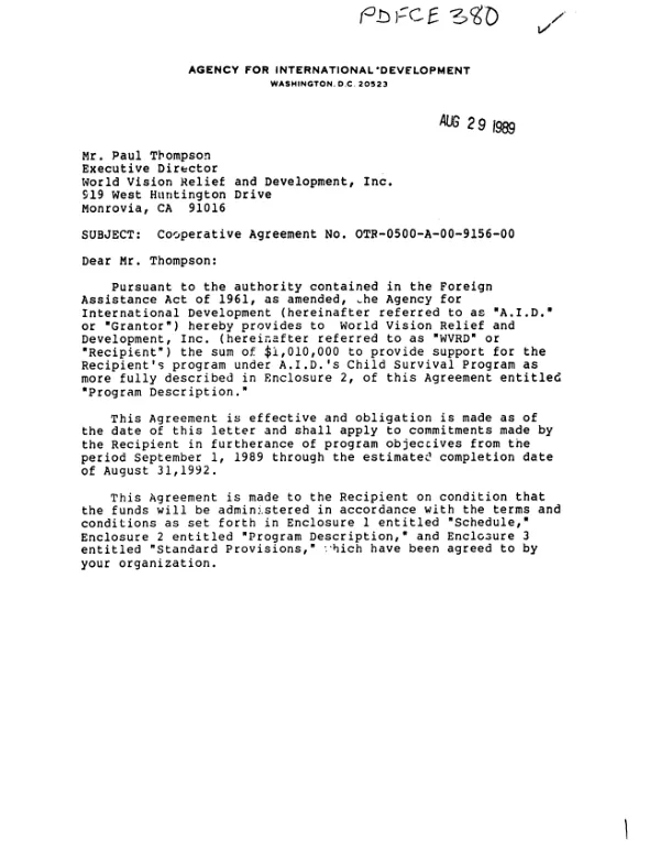 AID cooperative agreement no. OTR-0500-A-00-9156-00 with World Vision Relief and Development, Inc. to aid in the reduction of the morbidity and mortality of children less than five years old in the Bundibugyo District of Uganda