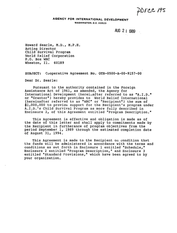 AID cooperative agreement no. OTR-0500-A-00-9157-00 with World Relief Corporation for a mother/child health program in Honduras