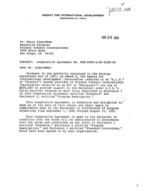AID cooperative agreement no. OTR-0500-A-00-9188-00 with Project Concern International for the child survival project in Guatemala