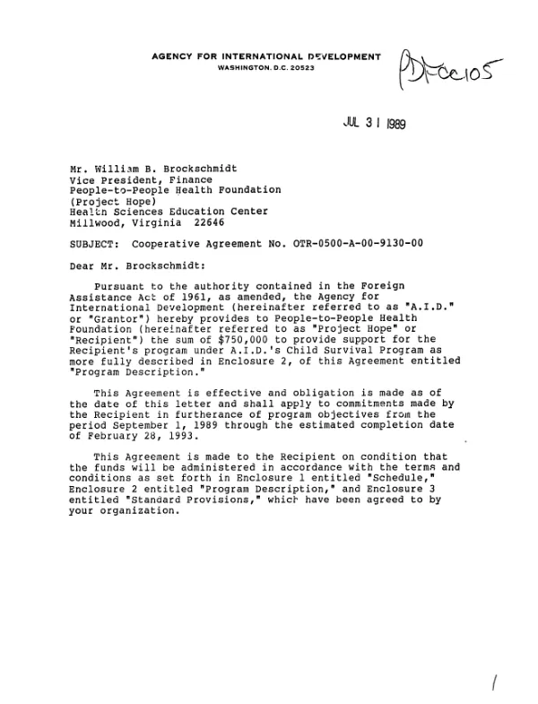 AID cooperative agreement no. OTR-0500-A-00-9130-00 with People-to-People Health Foundation to reduce morbidity and mortality in infants and children in Ecuador